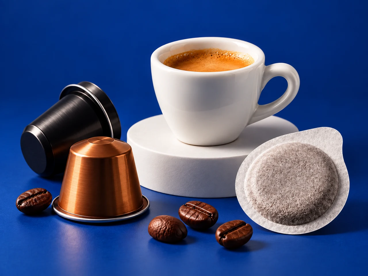 Tazzina di espresso con capsule e cialda ESE su fondo blu